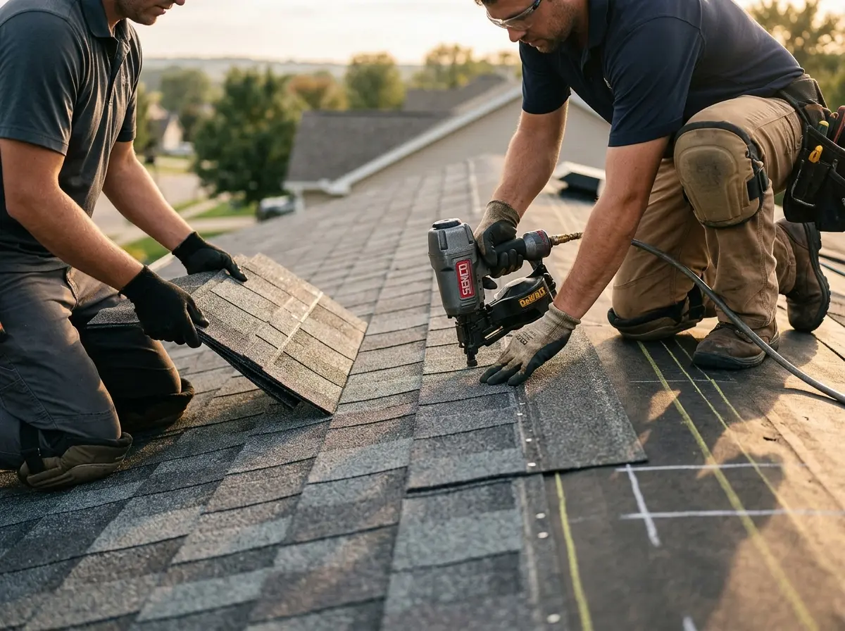 Professional roofer working on a residential roof in Addison